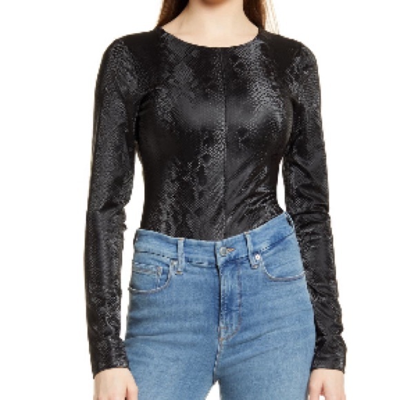 Good American Tops - Good American Power Shoulder Snakeskin Faux Leather Bodysuit 1X